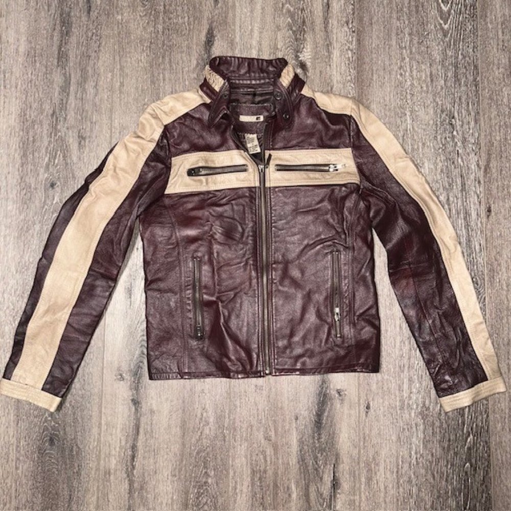 Forever 21 Womens Jacket Brown and Tan Leather Retro Motorcycle Racing Sz S EUC